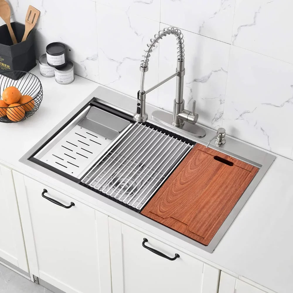 Bowl Kitchen 2 Holes Single Steel Sink Faucet Drop-In PROOX Stainless with 30''