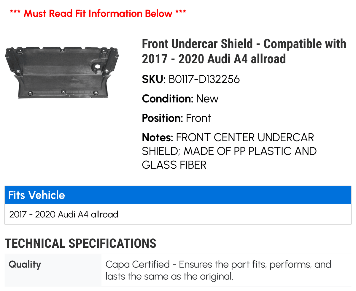 '- 2020 Front - Undercar with Audi Compatible allroad 2017 2018 A4 2019 Shield