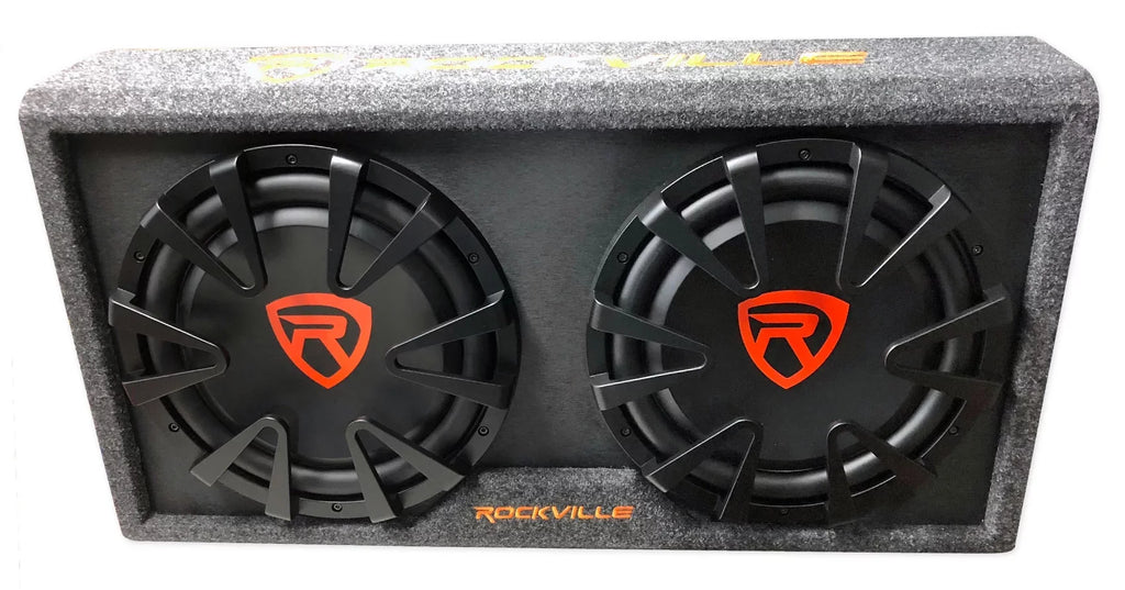 Dual 2000w inches RG212CA Enclosure+Amp Powered Car Subwoofer Kit Rockville 12 Vented