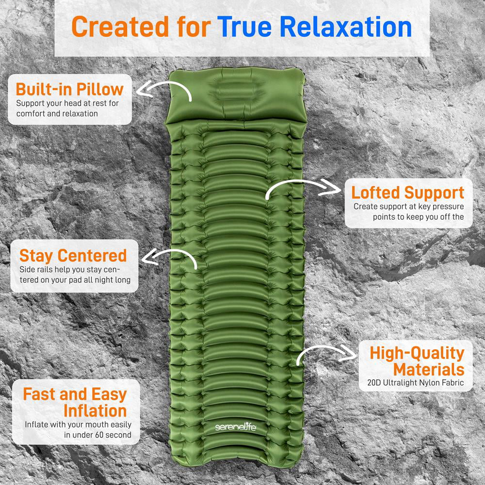 Waterproof Lightweight, Backpacking Pad Mattress Self (Blue) Air SereneLife Sleeping - Inflating