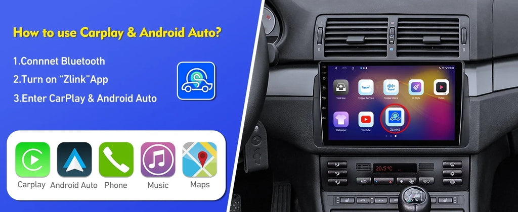 ZT for BMW Stereo 9-inch Carplay 12 Android Din Screen 75/MG QLED SWC Radio Backup Car Auto Double Android E46/M3/318/320/325/Rover Camera Support 6+128G Car Touchscreen with