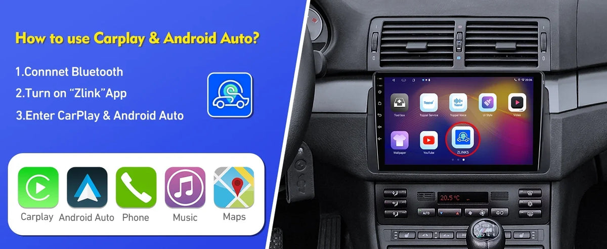 ZT for BMW Stereo 9-inch Carplay 12 Android Din Screen 75/MG QLED SWC Radio Backup Car Auto Double Android E46/M3/318/320/325/Rover Camera Support 6+128G Car Touchscreen with
