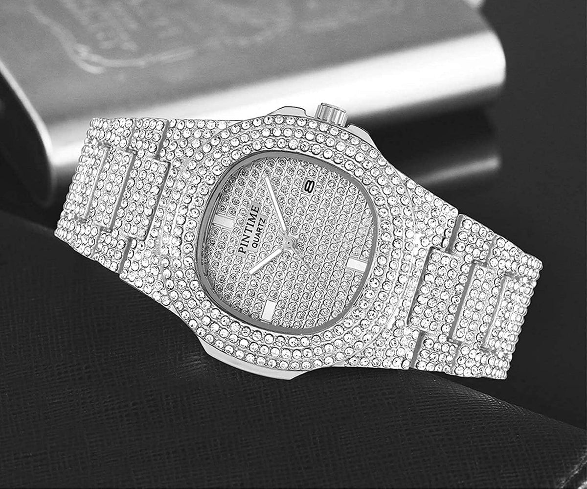 Men Steel Calendar Big Diamond Watches Watches Quartz Face Stainless for Watch Gosasa Wrist Luxury Women Unisex Crystal