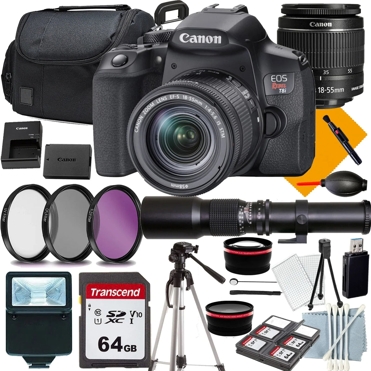 with Filters+CASE+64Memory Rebel T8i Camera Telephoto for Starter Cards(18PC) EOS f/8.0 Kit+Lens 18-55mm+500mm Lens Canon T-mount+COMMANDER