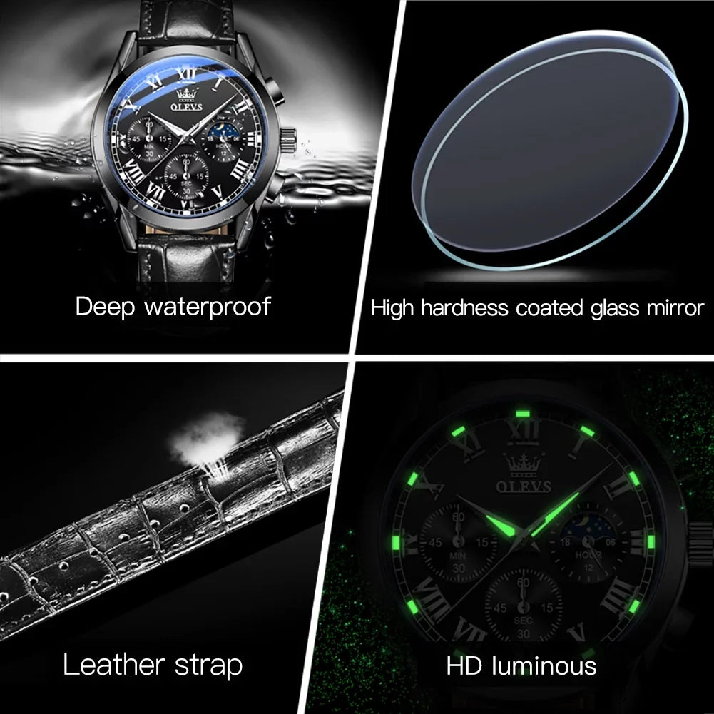 for Waterproof Sports Watches Classic Chronograph Men Strap Wristwatch Analog Reloj, Male Watches OLEVS Luxury Luminous with Quartz Leather Mens Business