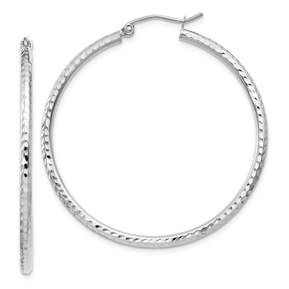 Tube Hoop Diamond-cut Real Earrings Gold Round 14kt 2mm White