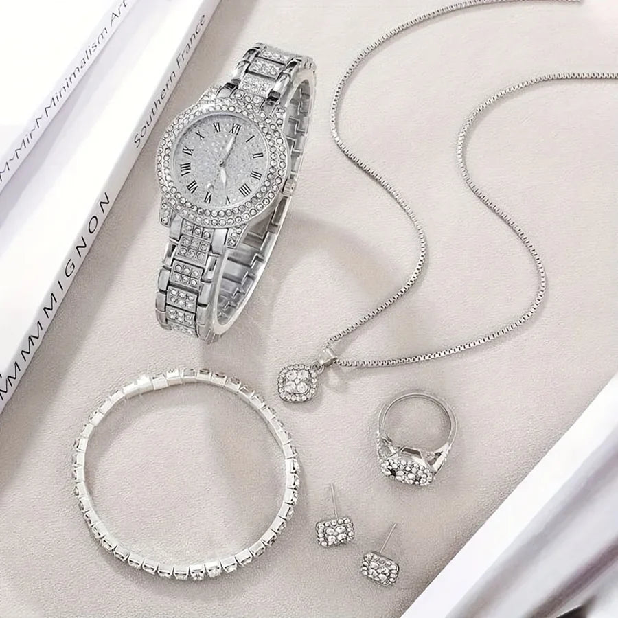 Wrist Watch 6pcs Rhinestone For Her Fashion Jewelry Set, & Analog Luxury Quartz Women Watch Hiphop Gift