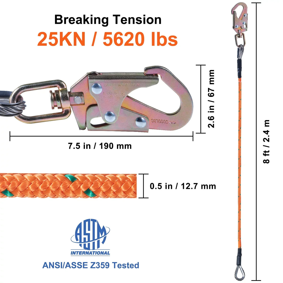 Climbers Core flipline, Carabiner 1/2" 8' Alloy Flipline, and Hook, Aluminum Climbing Snap Steel Alloy Extra Line with Arborist, Arborist Lanyard, x Tool Tree for Flip BENTISM Steel for Tree