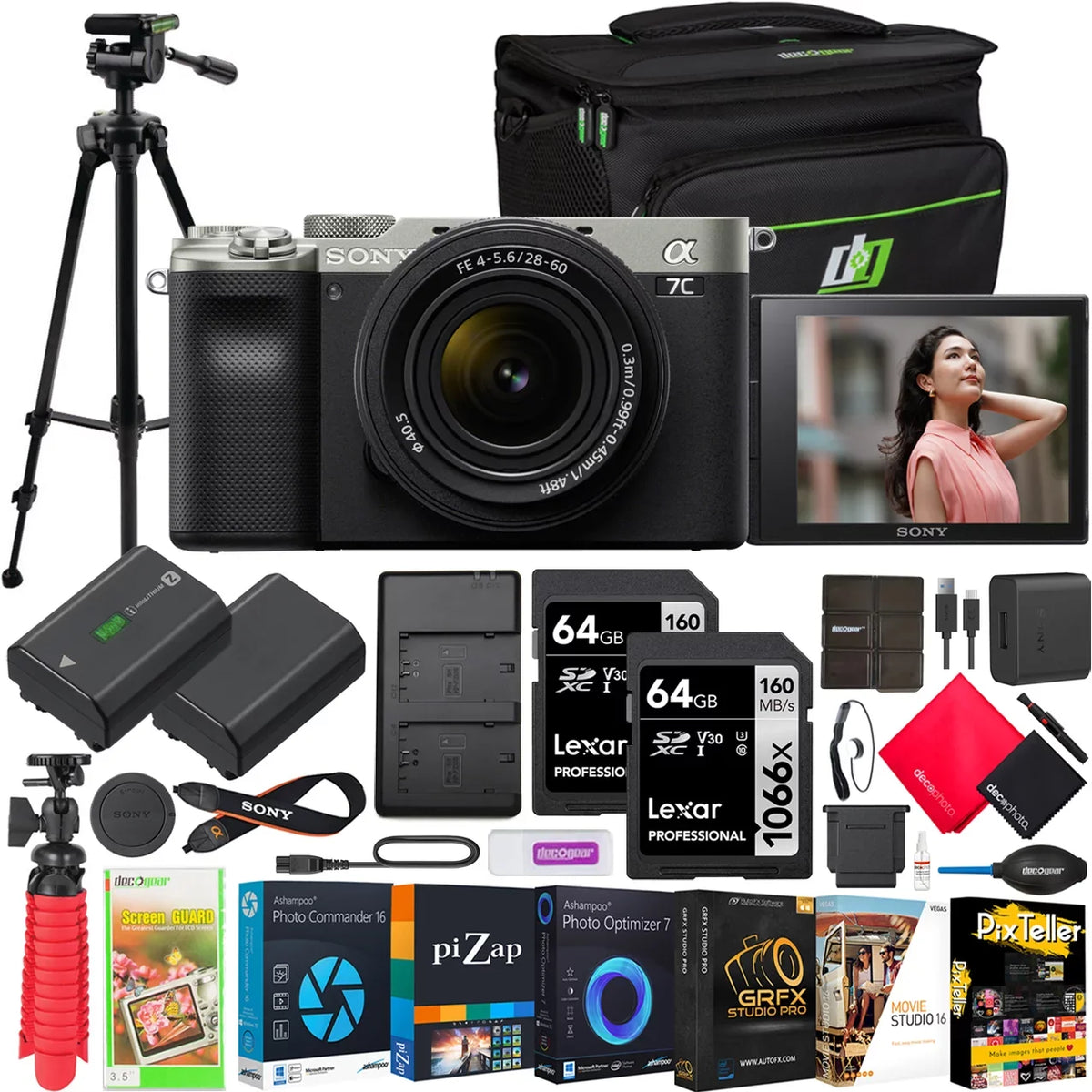 Body ILCE7CL/S Bundle + Camera Full Battery, Photography Mirrorless Software Lens Gear Extra Tripod Sony Frame + with a7C and Kit Case Silver 28-60mm F4-5.6 Dual with Deco Accessories Charger,