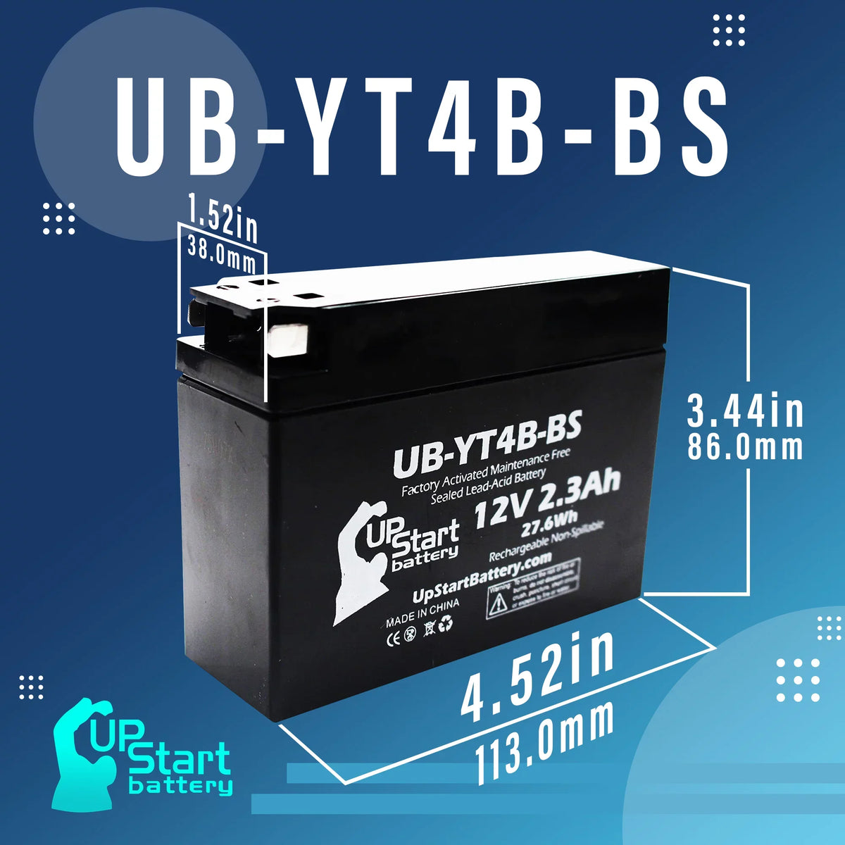 '- Replacement 2012 2.3Ah, Battery 12V, Activated, Battery Yamaha UB-YT4B-BS UpStart Factory Maintenance Free, for SR400 Motorcycle 400CC (FI) 4-Pack