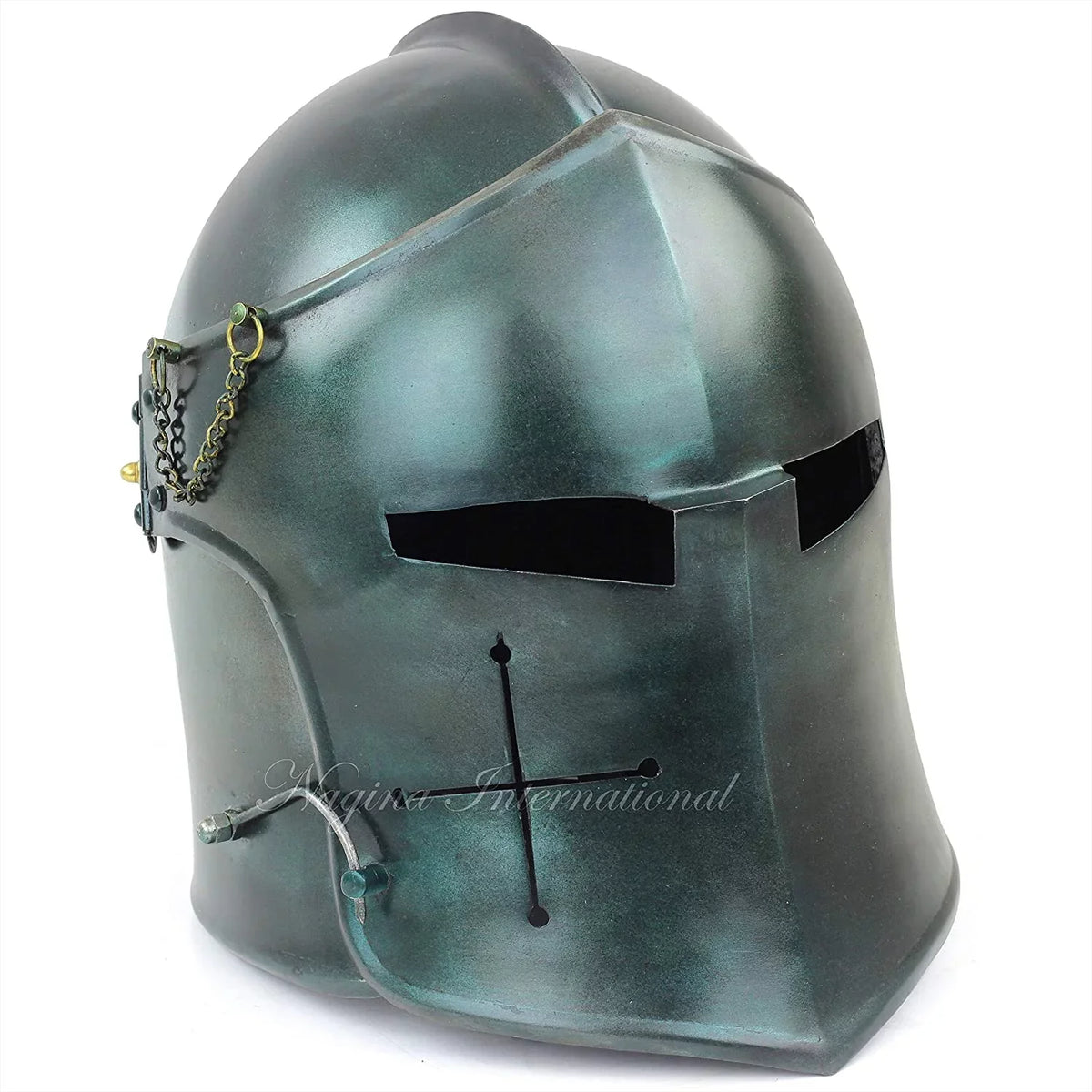 Barbuta Steel Knights Props International Helmet Larpers Helm for Costumes Crusader's Visored Medieval Green) Armory Brushed Templar | & Nagina (Army