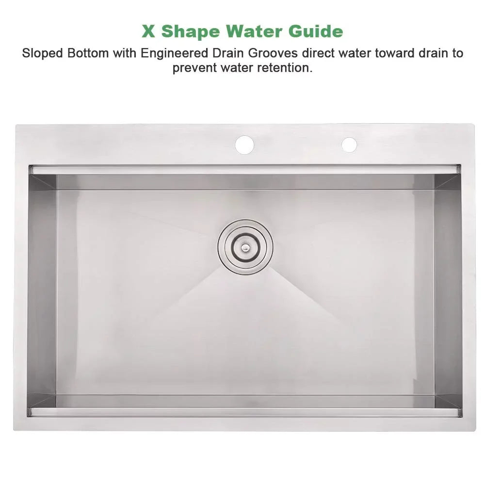 Bowl Kitchen 2 Holes Single Steel Sink Faucet Drop-In PROOX Stainless with 30''