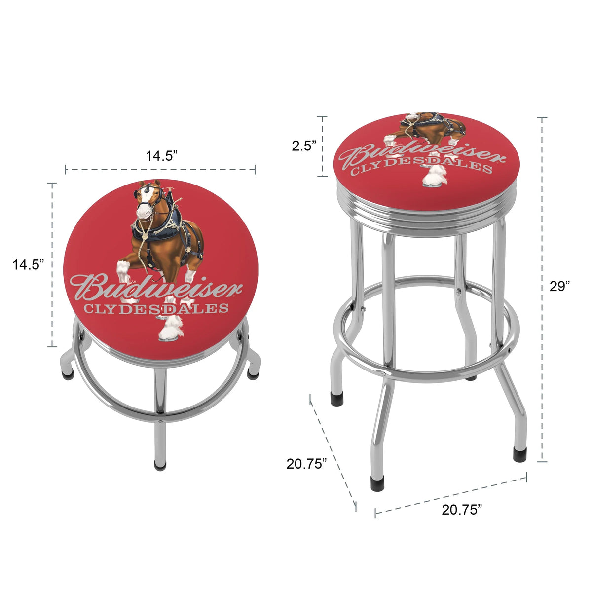 Budweiser Barstool Red Gameroom Trademark Chrome Clydesdale Ribbed