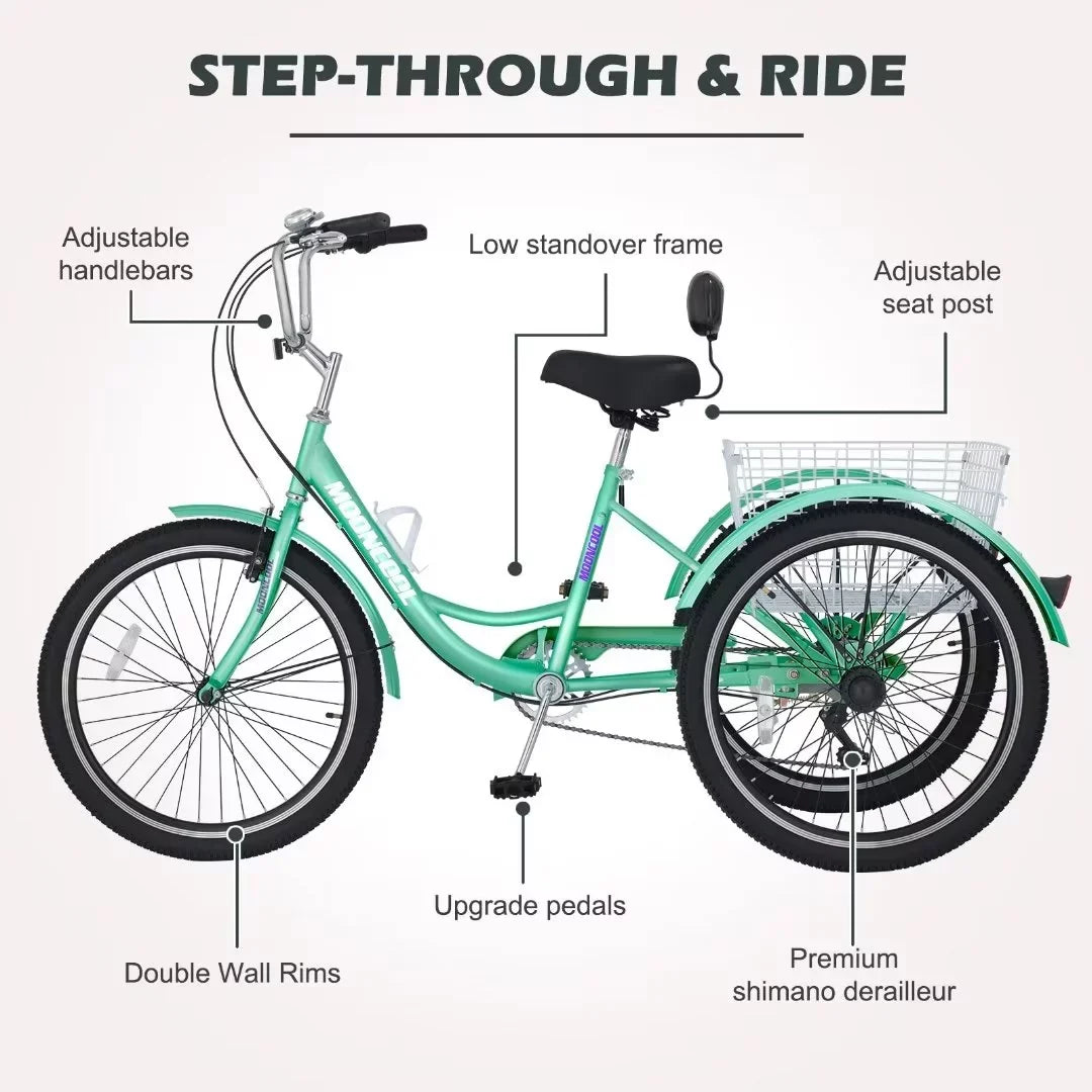 NAIZEA Men, Exercise Adult Outdoor Activities Tricycle, for Shopping 3 Basket 7 with Cruise Wheel Seniors, for 20" Large Trike Picnic Bikes Women, Speed