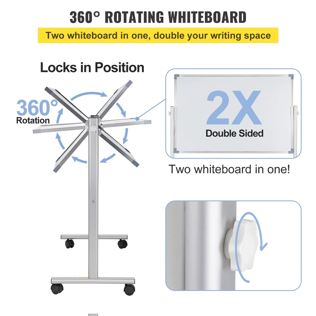 24" with 360 Home BENTISM Wheels Office Aluminum Adjustable w/ x Reversible Lockable Double Height Stand Dry Mobile Frame and Swivel Magnetic for Erase School Rolling 36" Sided Board Whiteboard