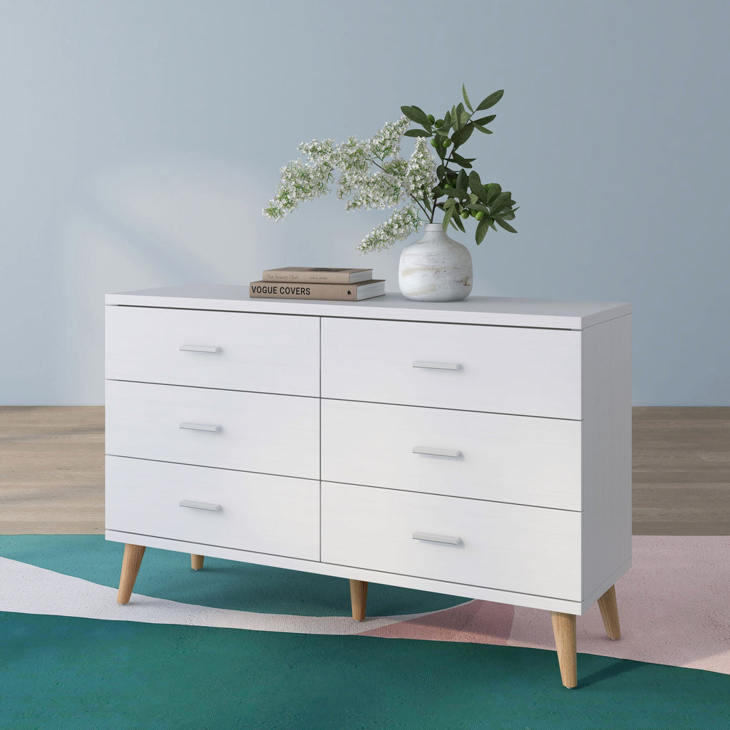BASIC Dresser by Wide Mid-Century DH Bar White with Pulls 47-inch 6-Drawer Modern Denhour