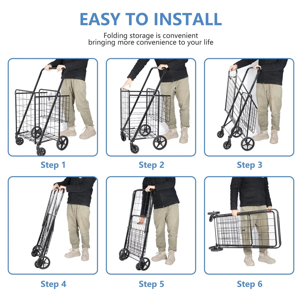 Black Utility Basket Book Grocery Wheels Laundry with ZENY Shopping Luggage Double and for Folding Cart Travel,