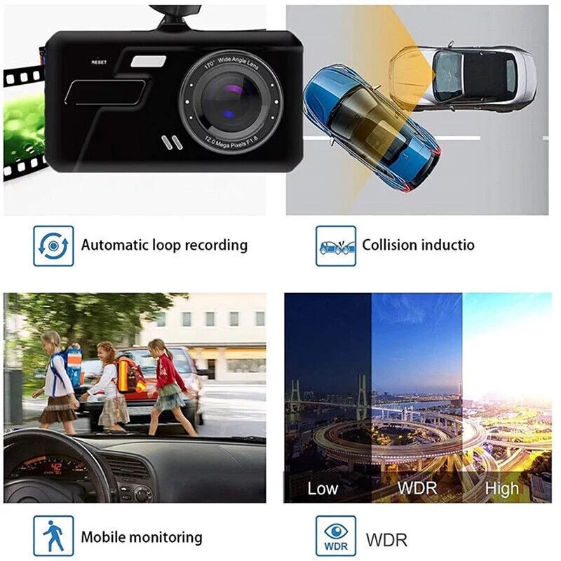 4" and Xhy Car Screen and Video Detection Recorder 1080P Dual Rear Touch Dash HD Front Camera Parking Monitoring Motion G-Sensor, Driving Cam Lens DVR