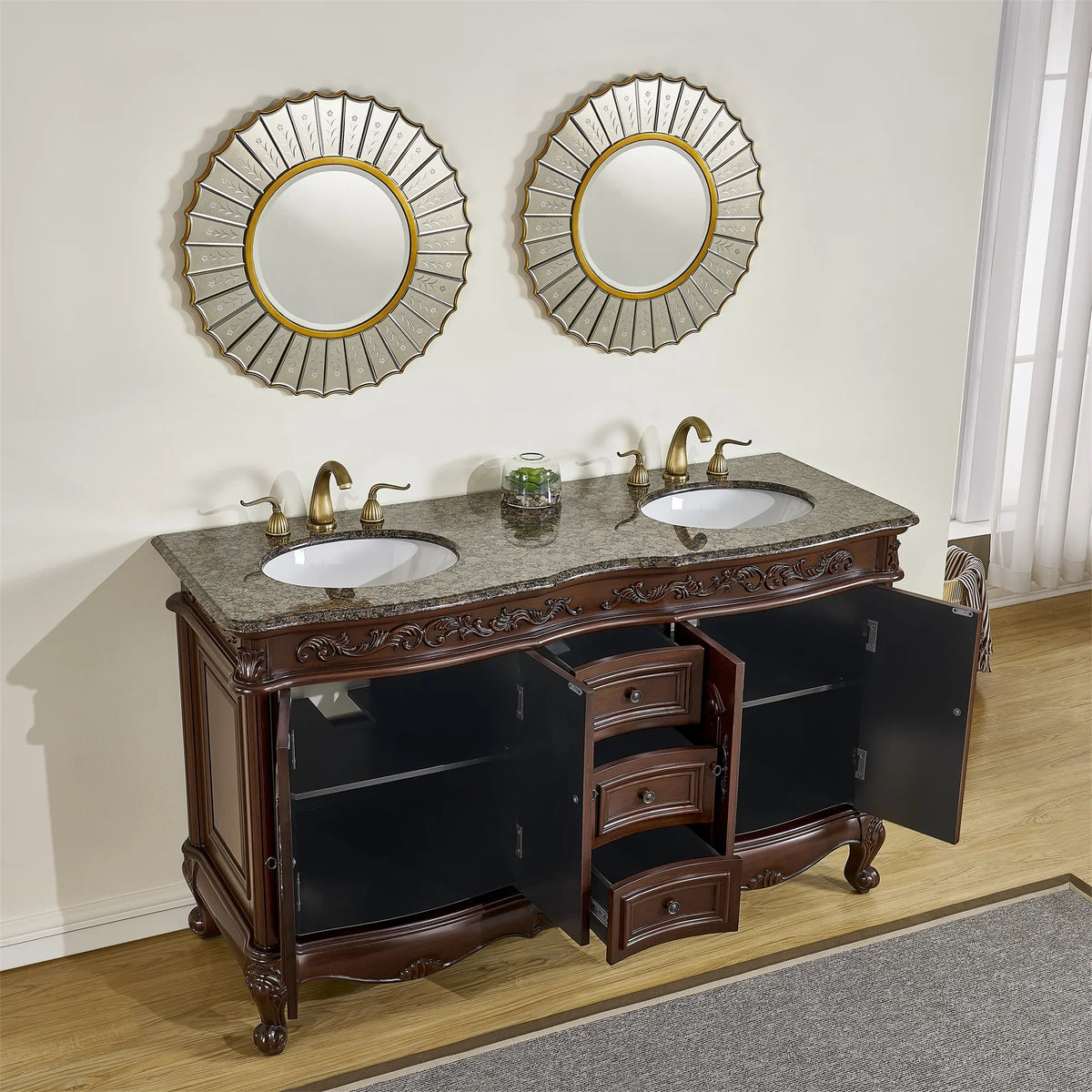 Double Saturn Sink Stufurhome Granite Baltic inch Top Brown with 60 Vanity