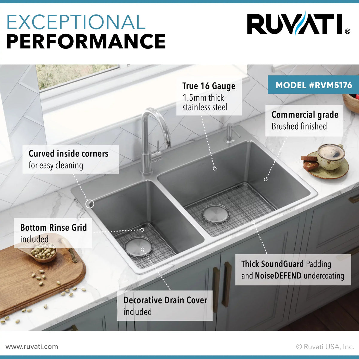 Topmount 22 x Ruvati 16 Gauge Kitchen Drop-in RVM5176 inch 33 Sink