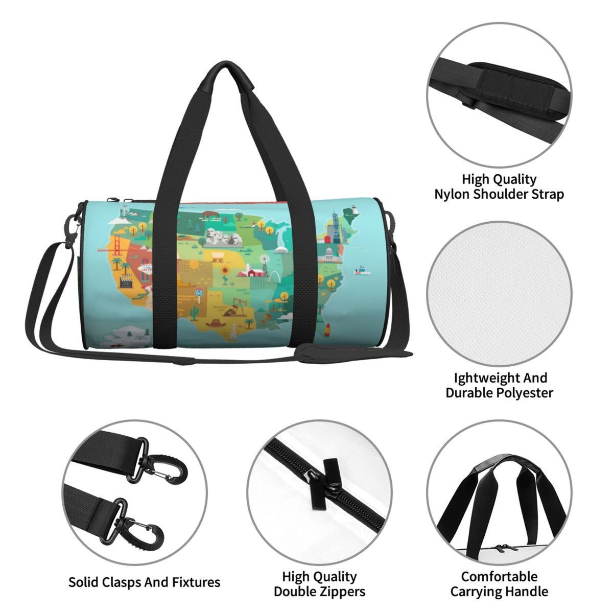 Large Bag with Sports Travel Luggage Bag USA Cylinder Pocket Map and Gym Capacity Tourist Waterproof Coaee Bag Compartment