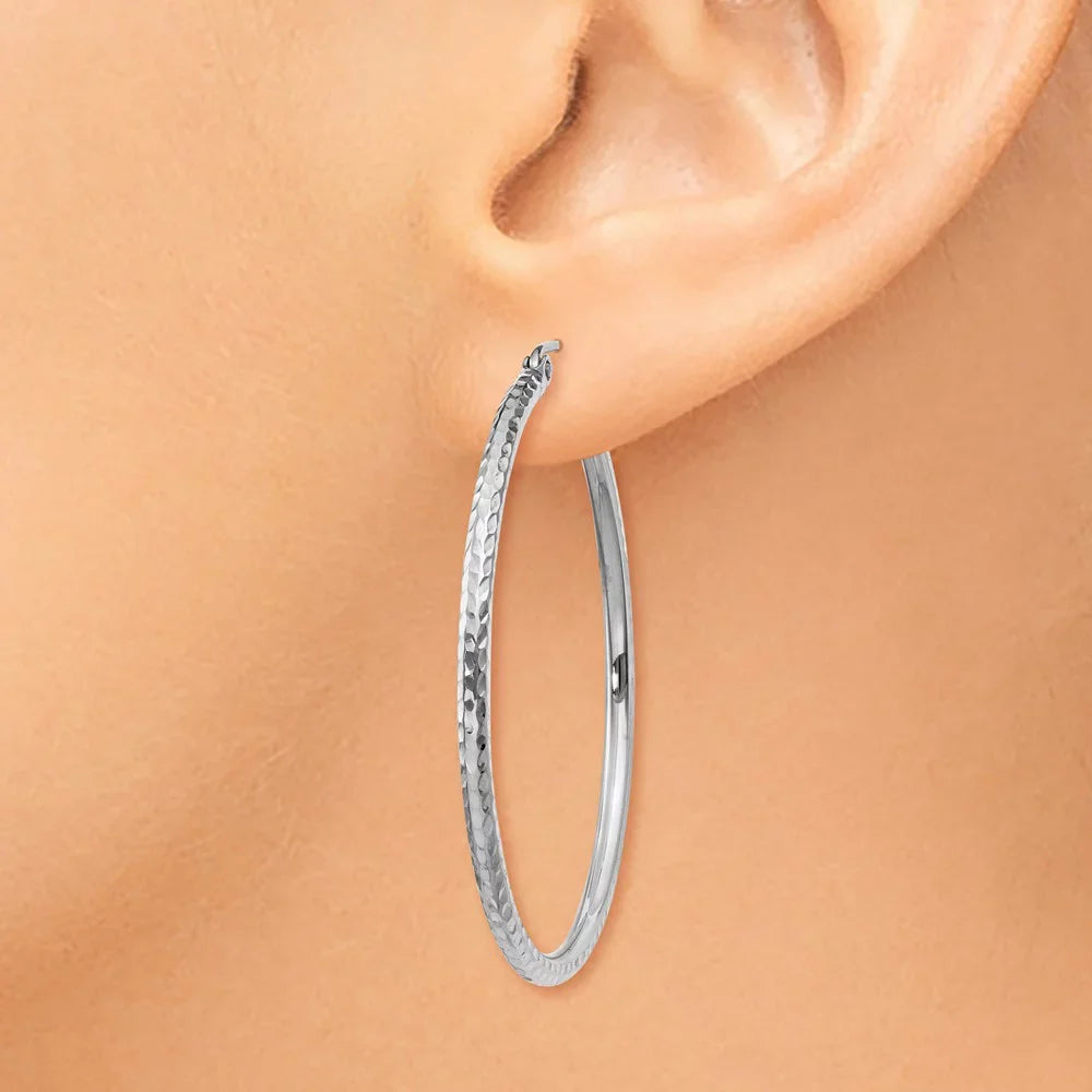 Tube Hoop Diamond-cut Real Earrings Gold Round 14kt 2mm White