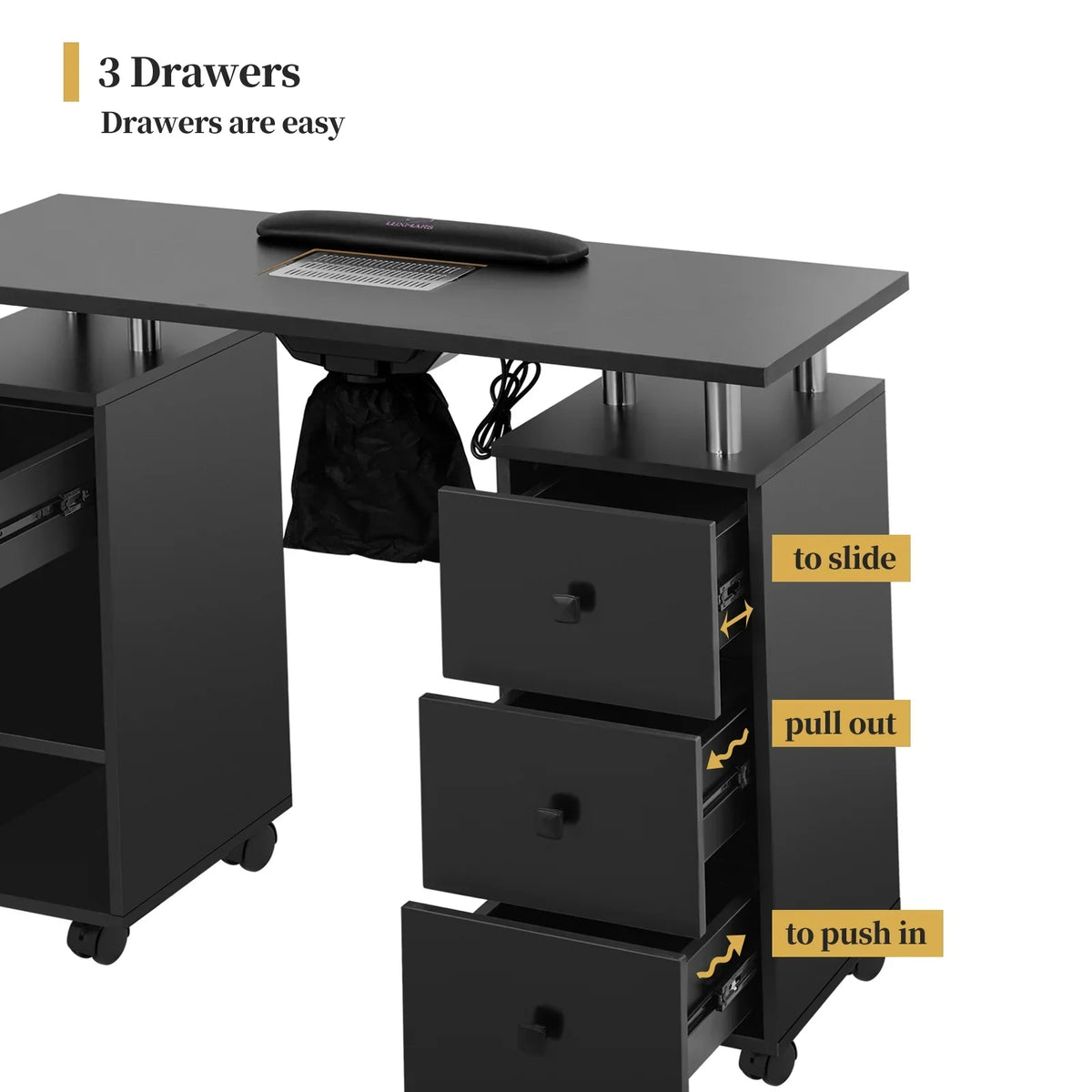 Wheels Cushion, Cabinet Resistant Technician, Rest Desk Dust Nail Acetone Table w/Lockable Nail & & Station Table - Drawers Table & Nail Manicure Collector Black for Electric Wrist LUXMARS w/