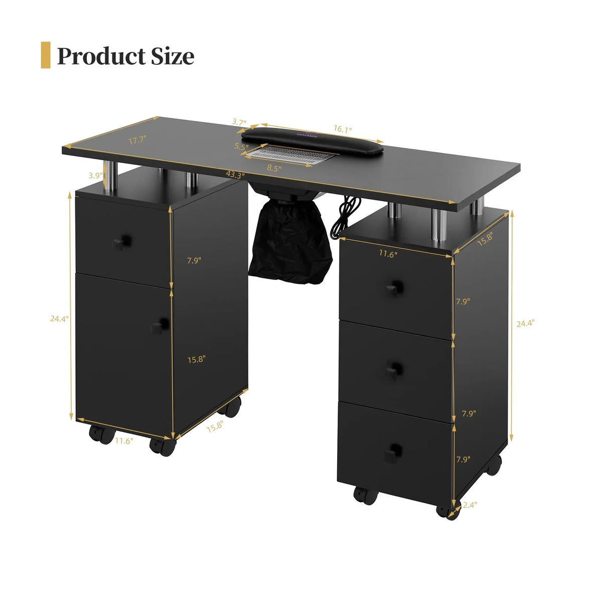 Wheels Cushion, Cabinet Resistant Technician, Rest Desk Dust Nail Acetone Table w/Lockable Nail & & Station Table - Drawers Table & Nail Manicure Collector Black for Electric Wrist LUXMARS w/