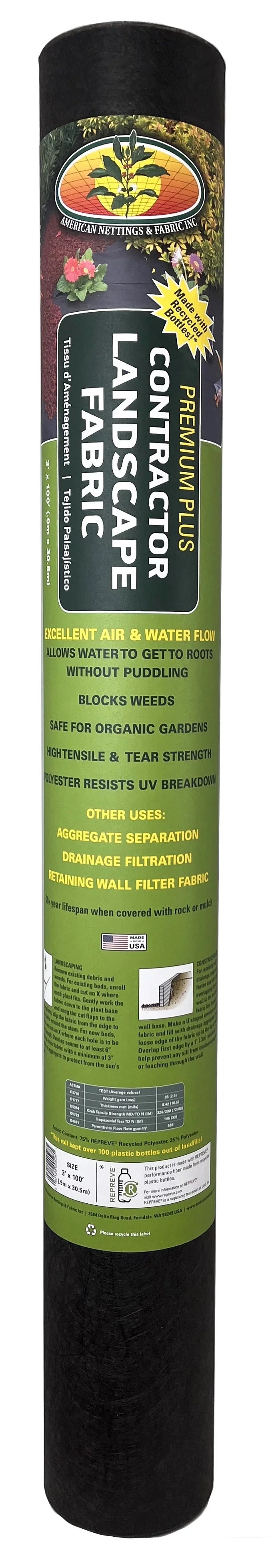 REPREVE Premium Plus Recycled 3' (Lifetime) Landscape Fabric Nettings Contractor 100' American x