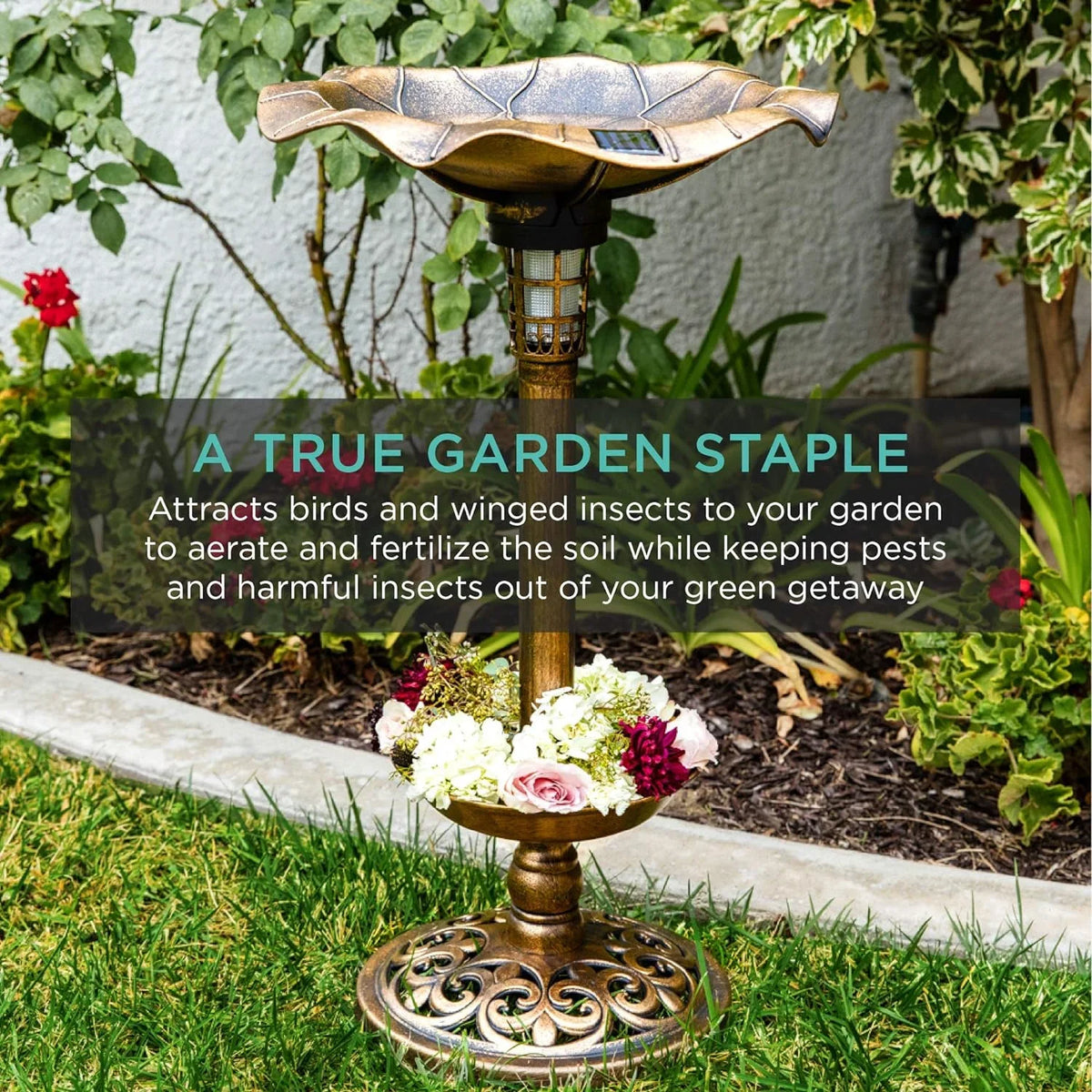 Bath Solar Lighted Fountain Scroll W/Planter, For Garden Pedestal Bronze Decoration - Lawn, Outdoor Integrated Accents Panel,