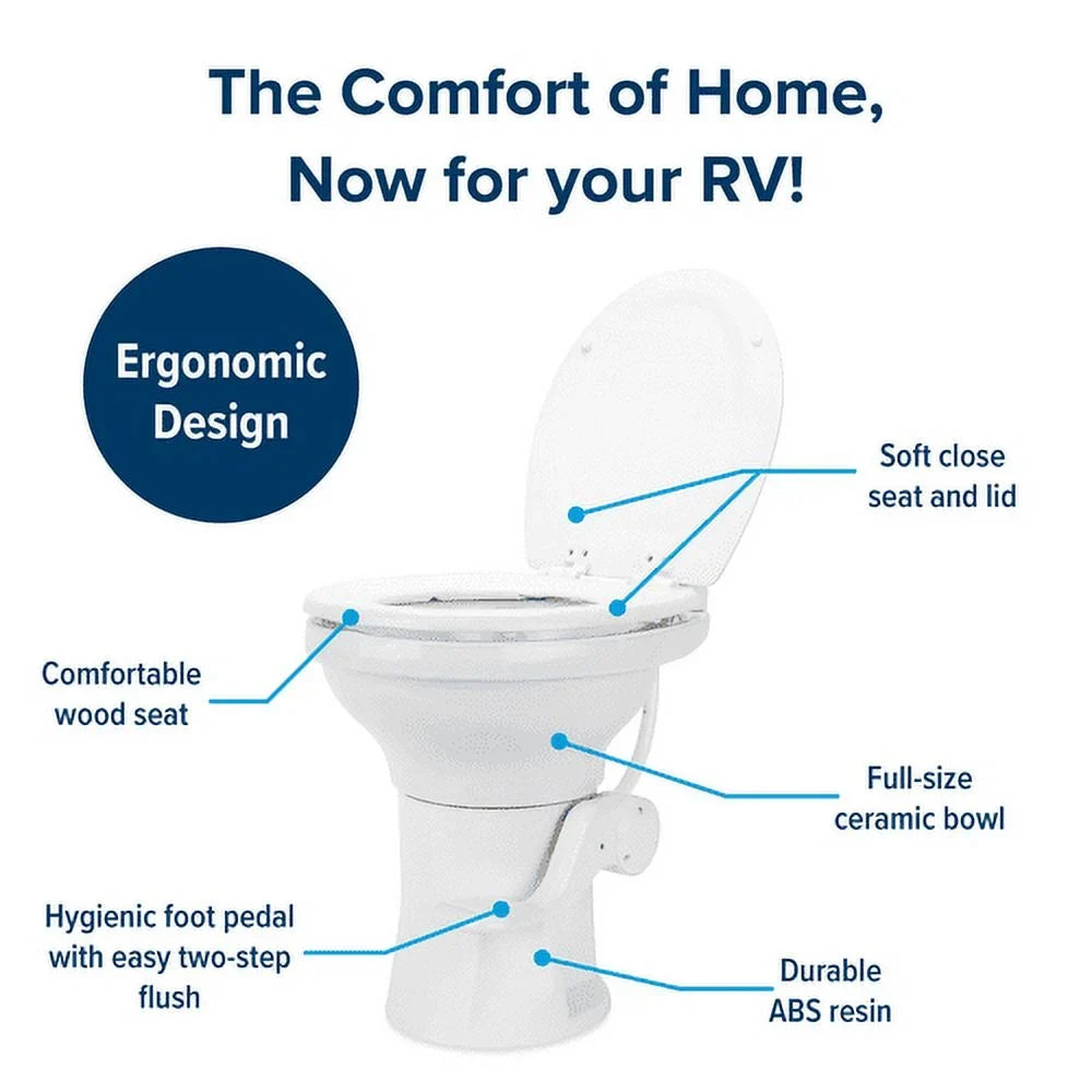 a (41710) Camper/RV Seat Foot Design Flush Ergonomic Camco Premium Height | Gravity Chair Convenient System Includes 18-In Wood with with Lid Full-Sized Pedal Soft-Close Toilet & & Ceramic Features |