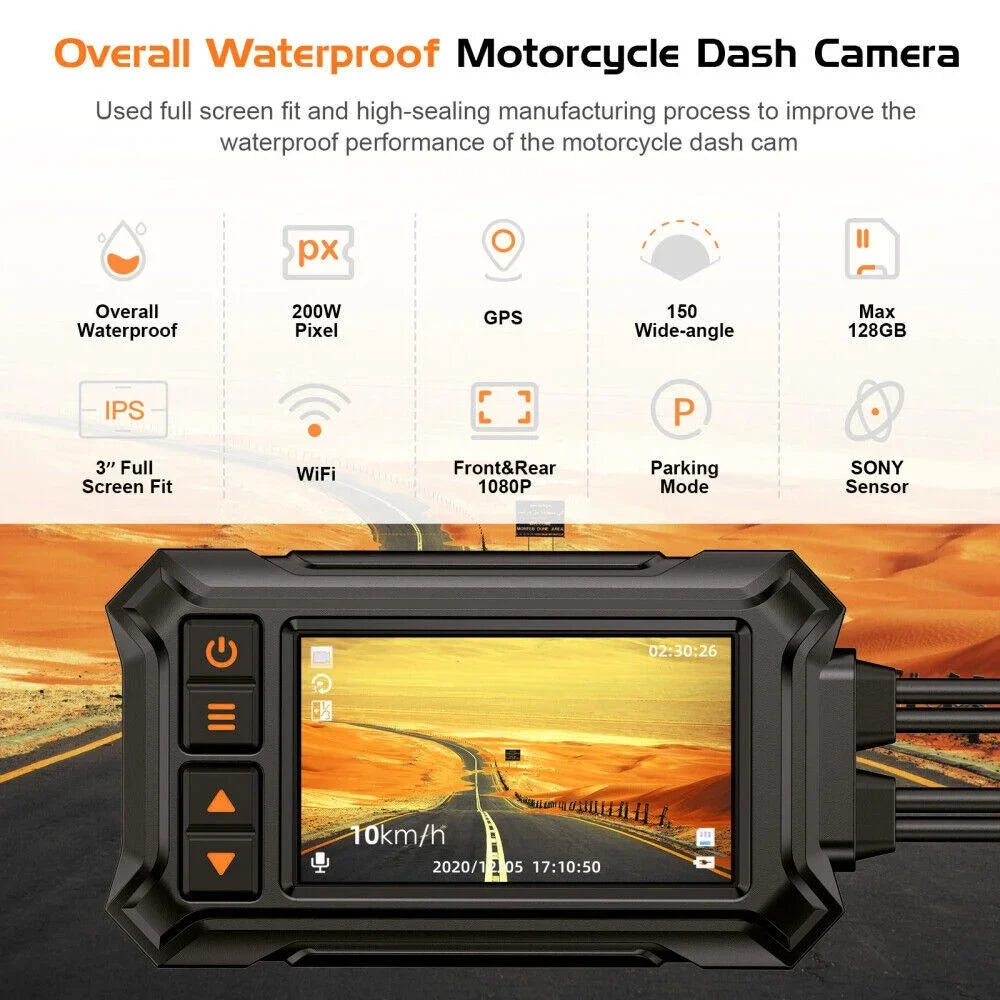 Night GPS Dash Rear 1080P Waterproof Front Vision Camera 3" A12 Motorcycle WIFI