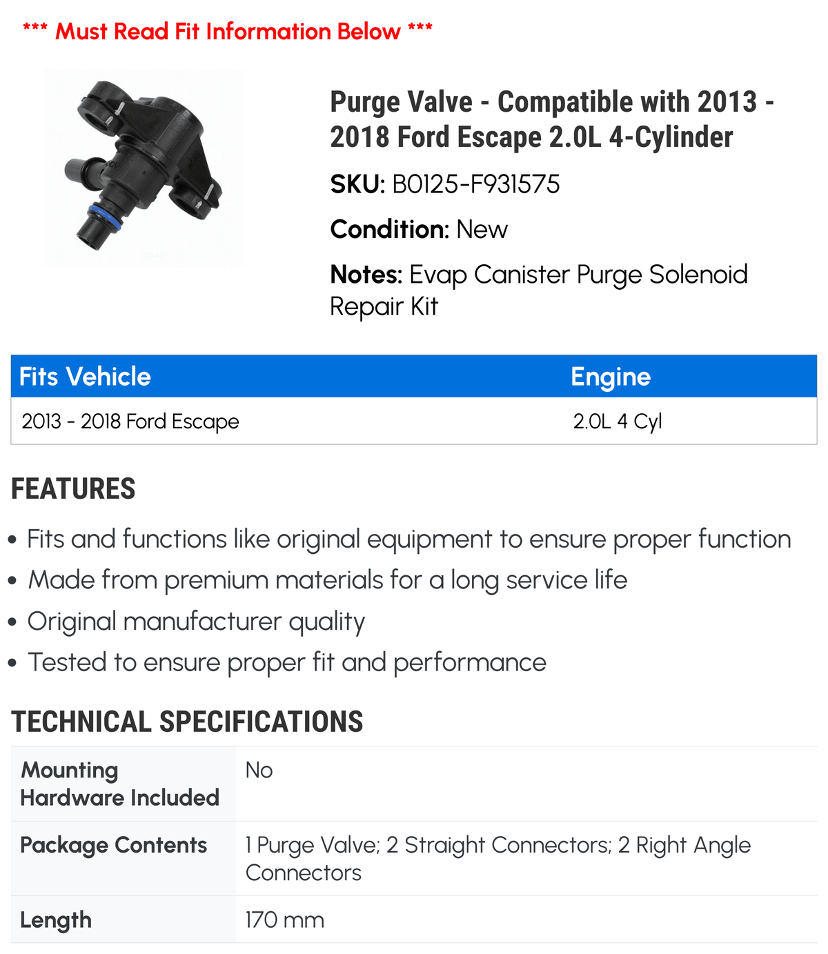 Ford - with Compatible 2016 2.0L Escape 2015 - Purge Valve 2018 2014 2013 2017 4-Cylinder