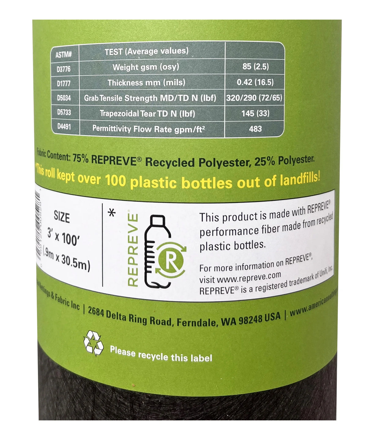 REPREVE Premium Plus Recycled 3' (Lifetime) Landscape Fabric Nettings Contractor 100' American x