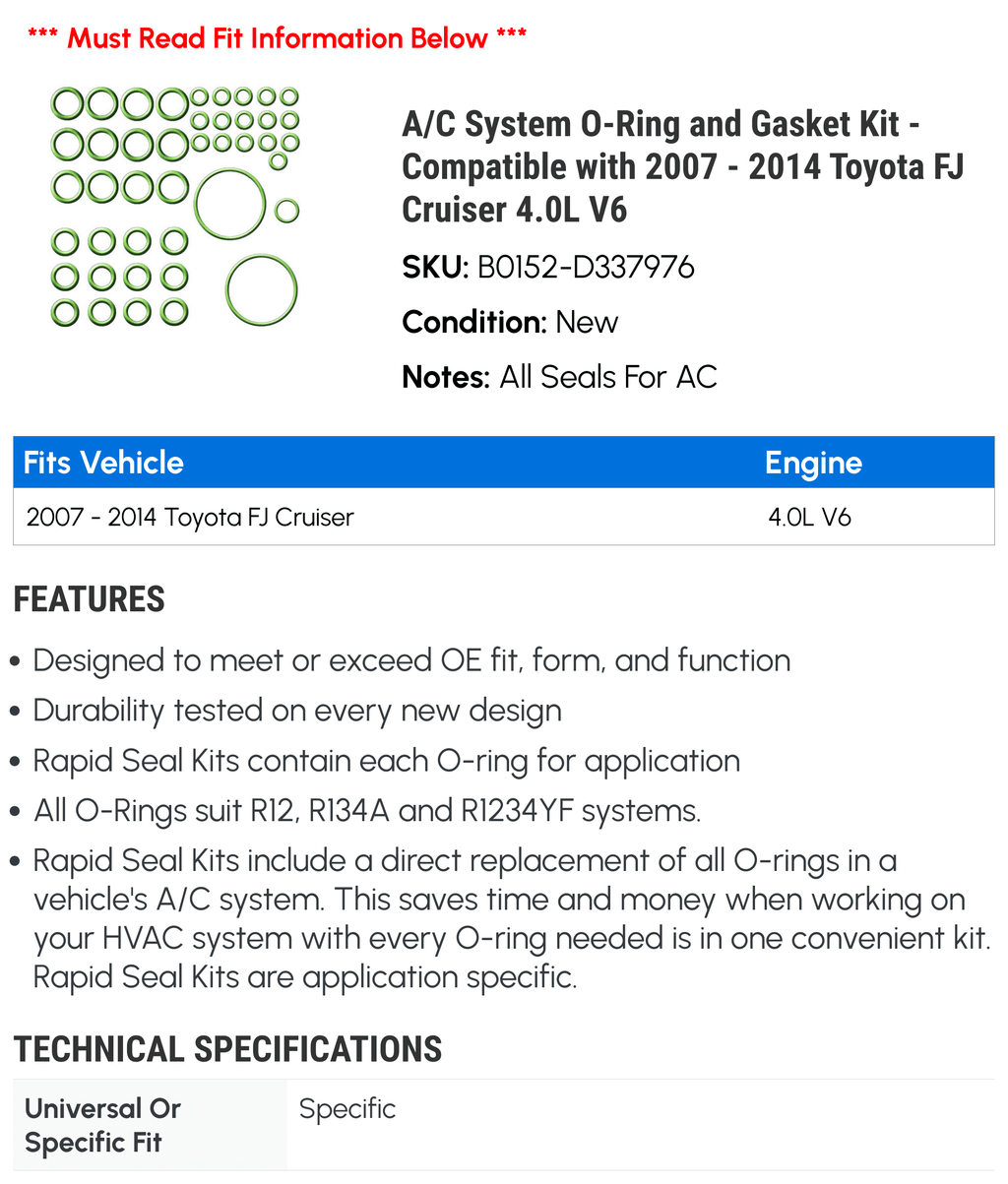 '- - and Compatible A/C with FJ 4.0L 2013 2008 2011 2012 2007 Toyota 2014 Kit 2009 2010 O-Ring System Gasket Cruiser V6