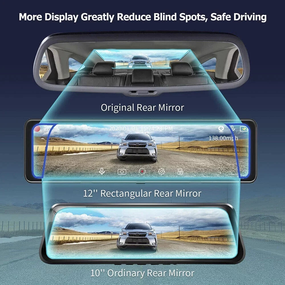 Backup Camera Reversing Mirror Dual 12" Parking Front Rear Camera 4K Night Vision, Assistance Cam Car Monitoring, and Dash Super