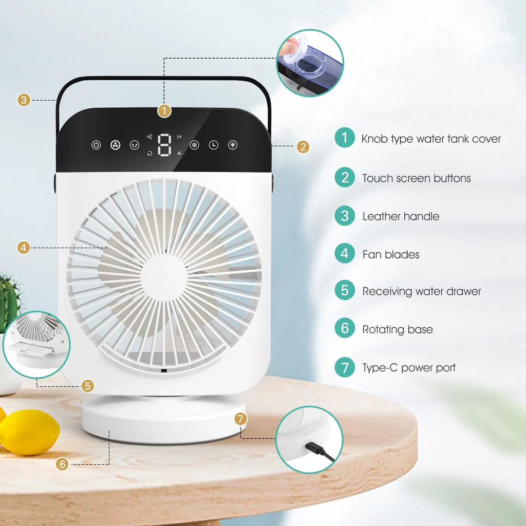 Air 4 Speeds,Oscillation/Humidifier/Timing Fan Function, Office Portable Camping Cooling With Room Personal Desktop Light Cooler Conditioner,Mini Small Led With For Evaporative Air