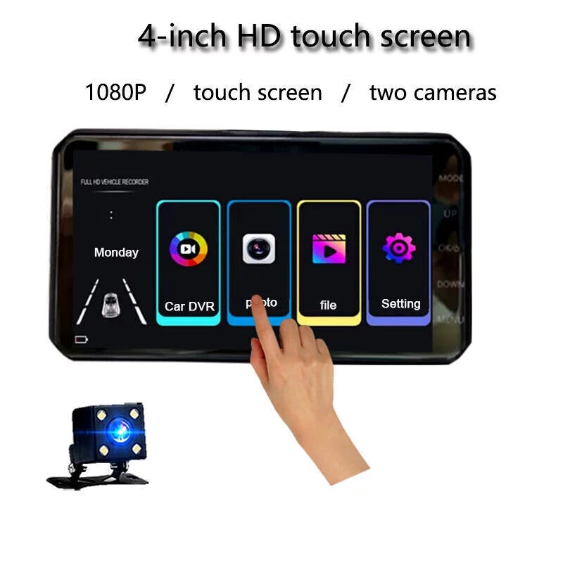 4" and Xhy Car Screen and Video Detection Recorder 1080P Dual Rear Touch Dash HD Front Camera Parking Monitoring Motion G-Sensor, Driving Cam Lens DVR