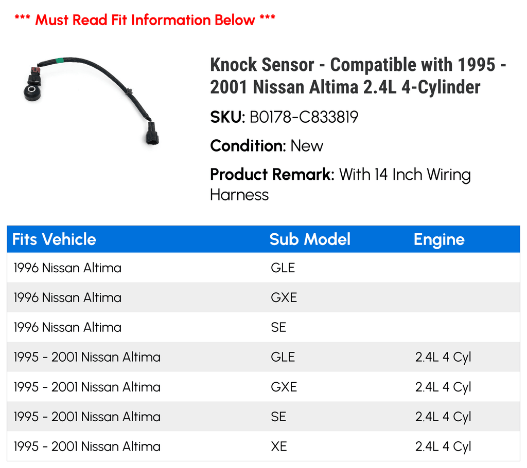 4-Cylinder - with Knock Nissan 1999 1996 Compatible 1997 2001 2000 Sensor 2.4L 1998 1995 - Altima