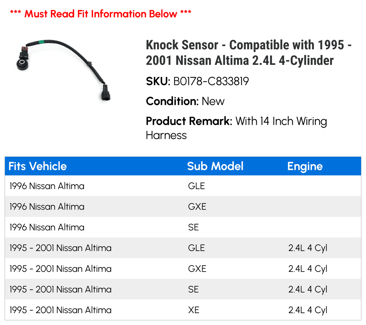 4-Cylinder - with Knock Nissan 1999 1996 Compatible 1997 2001 2000 Sensor 2.4L 1998 1995 - Altima