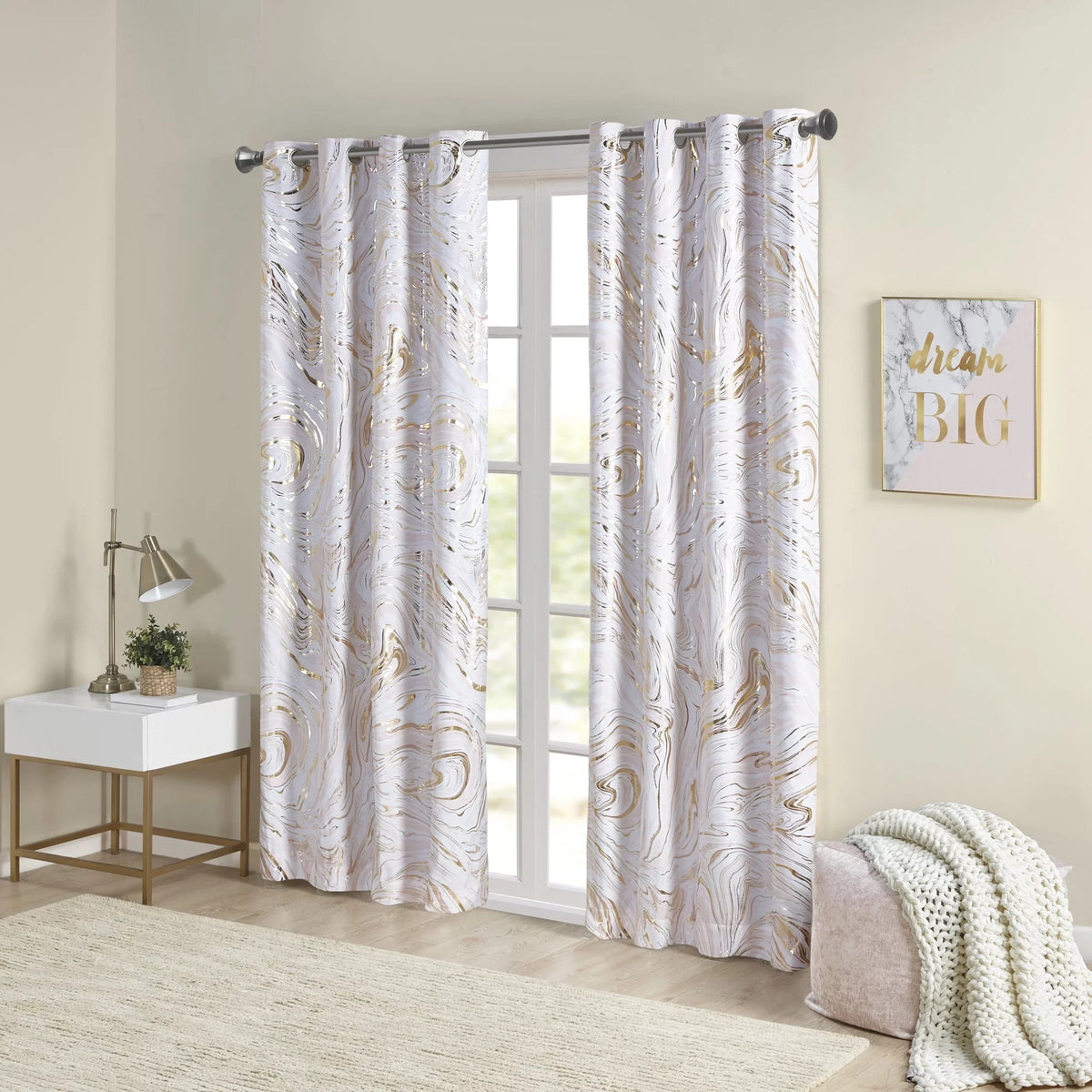 Rebecca Blackout Design Top Total Intelligent Curtain, Metallic Printed Grommet Blush/Gold, Marble 50x84"