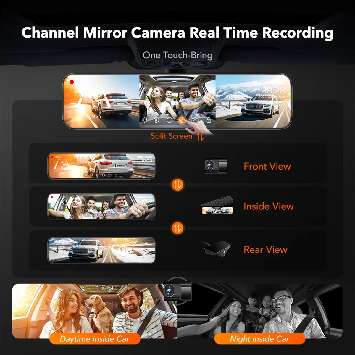 Camera Channel, Car 3 Loop Recording, Mirror with GPS&64GB Detection, Touch Parking Card, Night Car Cam Screen Camera Backup Vision, Triple with Motion Dash 2K Monitor,Vehicle WOLFBOX