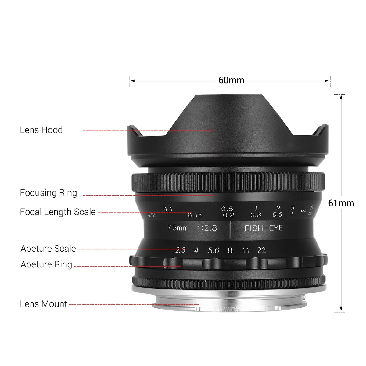 A6000 Ainn Fisheye Aperture Andoer Lens Manual E-mount lens,7.5mm Aps-c A6600 Camera E-mount F2.8 FrameLens F2.8 Compatible Wide 5100 Manual Lens Wide With A6100 Aperture 180° A6300 Camera