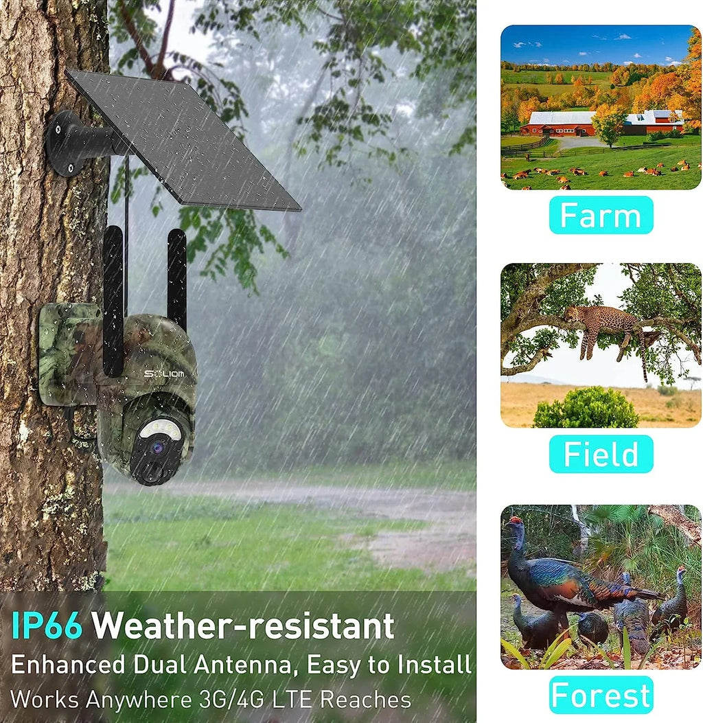 Trial with Camera Card,Wireless 355°View SIM Outdoor Soliom Hunting 3G/4G Tilt Vision Pan with Night LTE Cellular Cameras S50 1080p