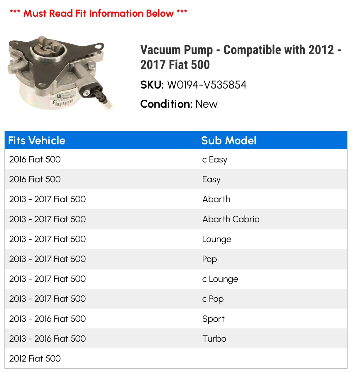 Compatible - 2012 Fiat - Pump 500 2014 2013 Vacuum 2016 2017 2015 with