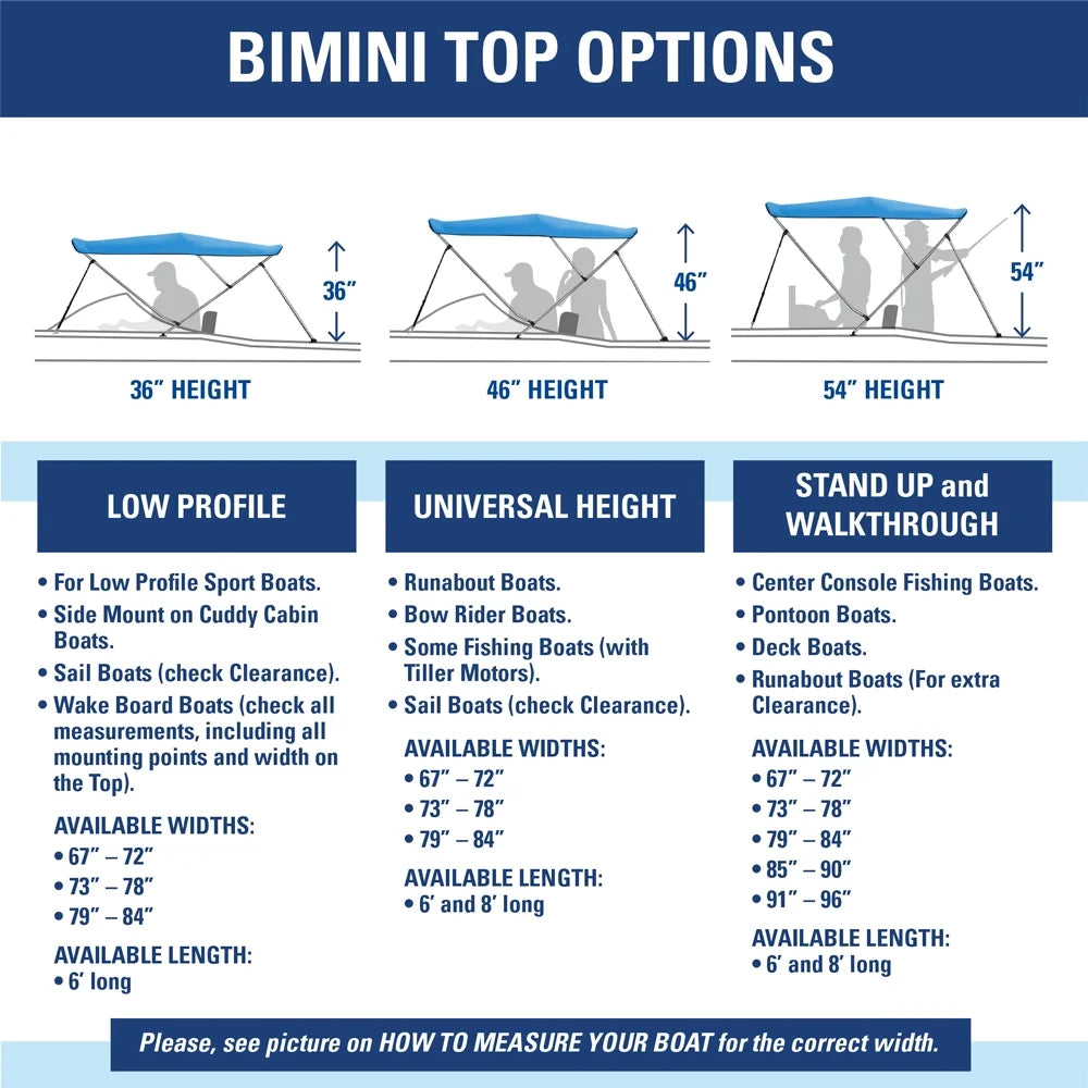 Cover Bow x W New 3 High Bimini L Top 6' Boat 79”-84” Blue 46" Navy