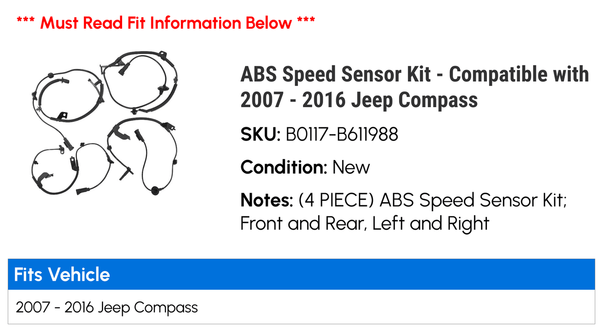 2011 ABS 2012 2007 with 2016 2015 Kit 2010 Sensor Speed Compatible Jeep 2009 - 2013 - 2014 Compass 2008