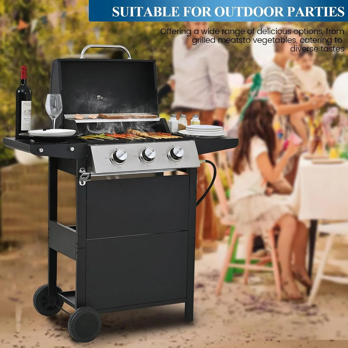 Outdoor 2 BBQ Garden for Propane Patio Shelves, Gas Portable Picnic Wheels, Grill, Backyard Lid, Steel with Top Grill Forclover and Side Cover 3-Burner Stainless