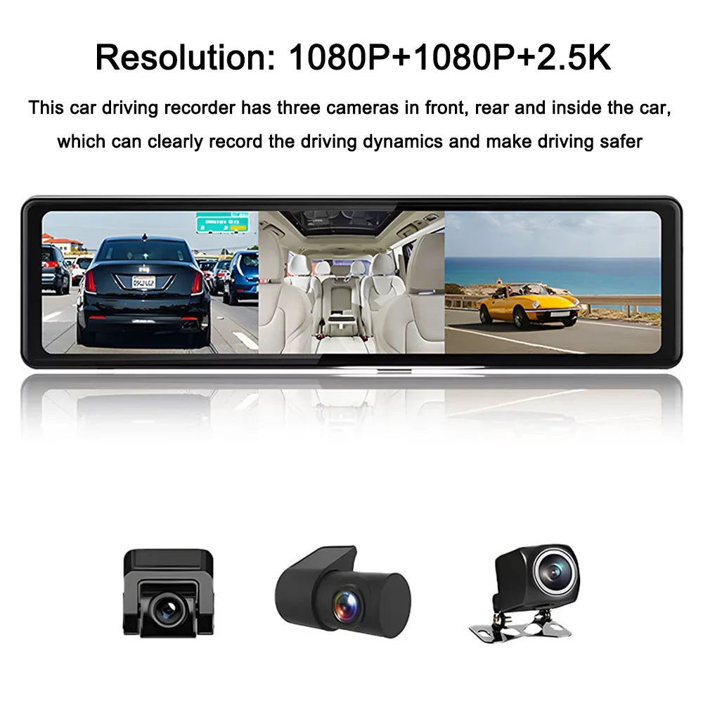 Cameras, Connectivity, Driving Clear Capture Recorder Rearview Dash Road Moment Auto Cam: Video Every the Recording 3 Touchscreen, - on BT 12in 2.5K - Mirror