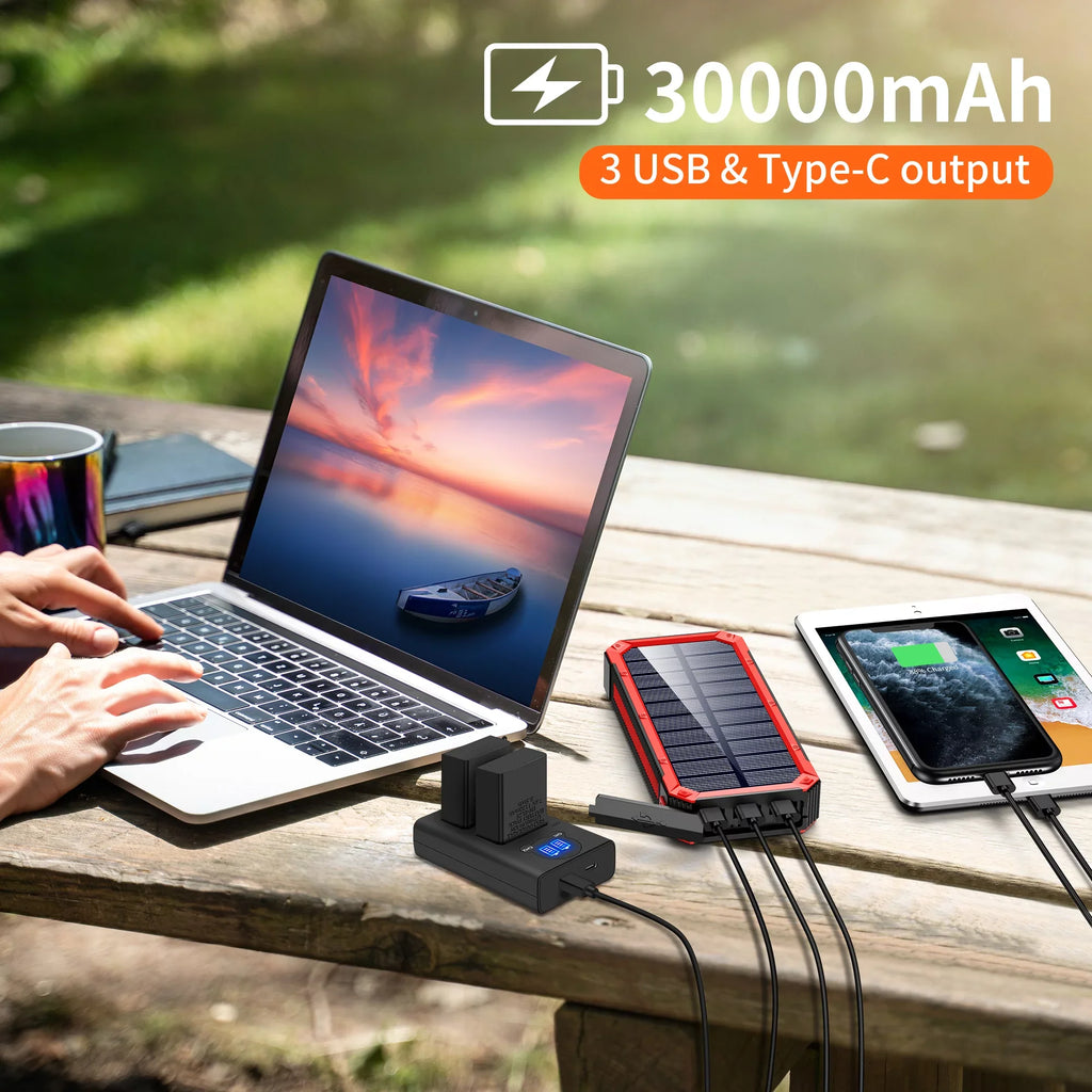 Solar Backup Portable Ports 4 Wireless 30000mAh, & Bank Power Charger Charger LED Solar External Fast Output 3 Battery, Flashlight